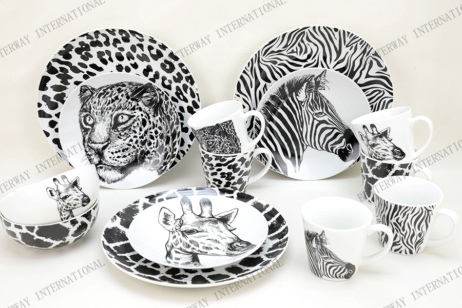 Porcelain dinnerware with black tropic animal design