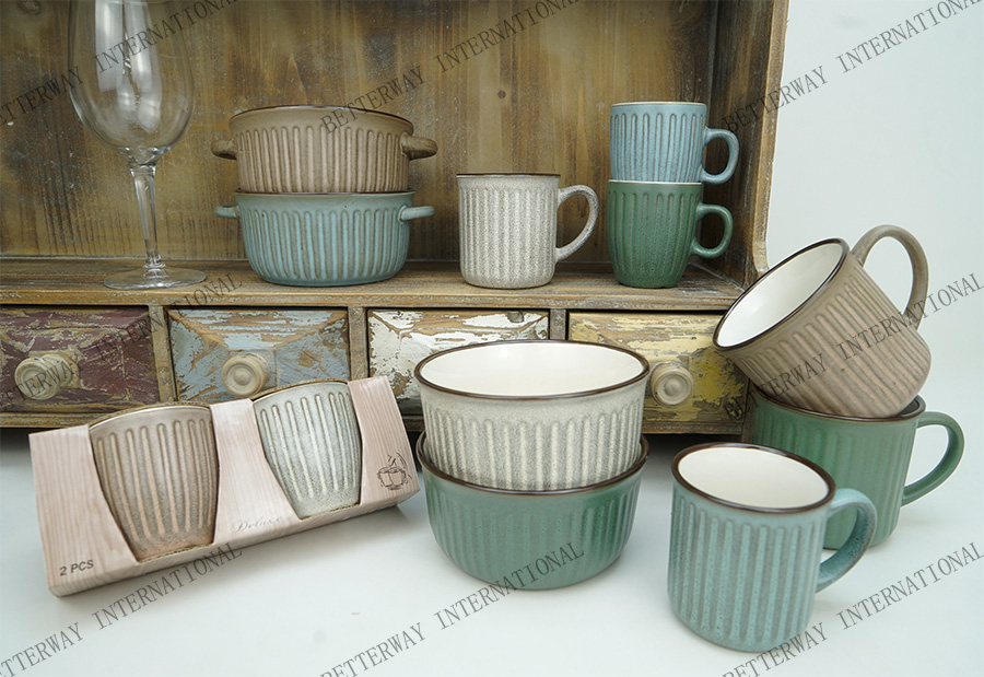 Stoneware mug & bowl embossed stripe with reactive glaze