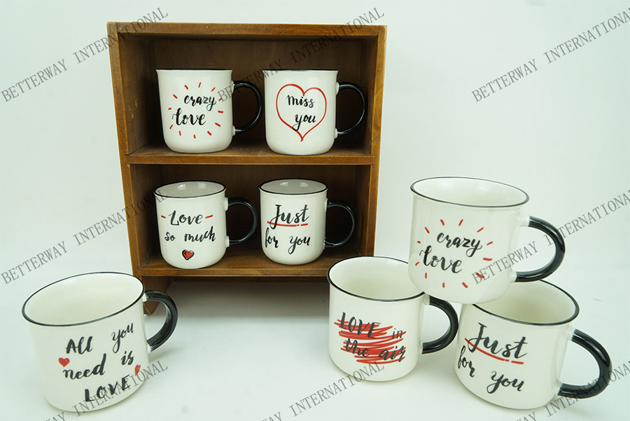 New bone china coffee mug with love design, handle & rim with black color
