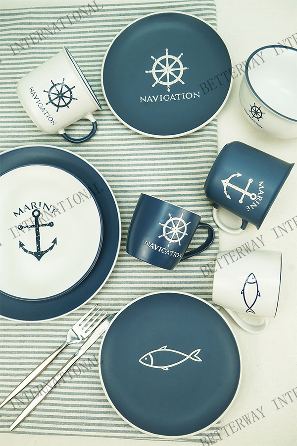 Stoneware dinnerware engraved ocean pattern