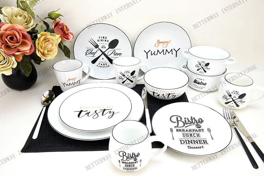 Porcelain dinnerware with bistro words & black rim