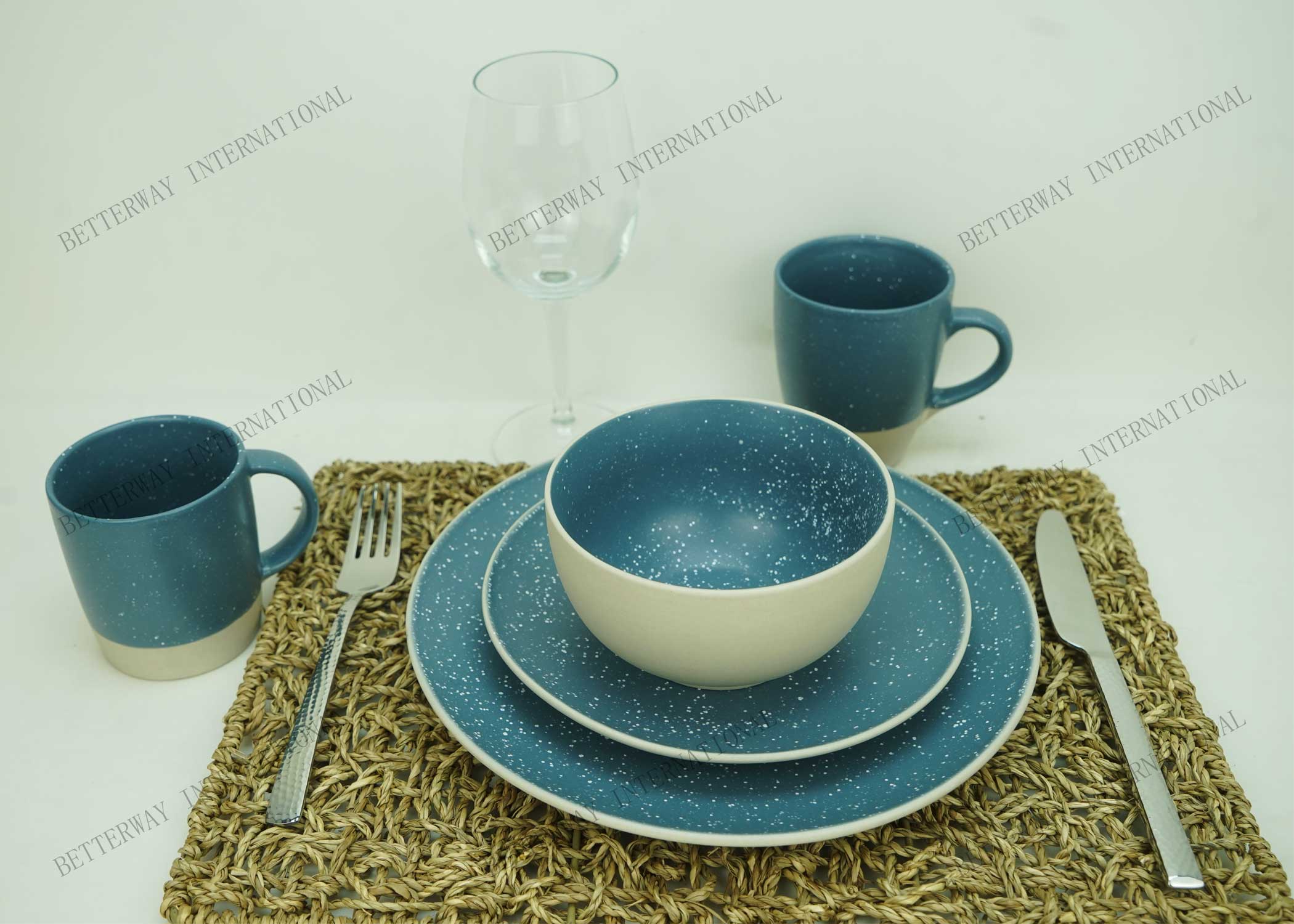 Stoneware dinnerware matte reactive glaze with white speckle pattern