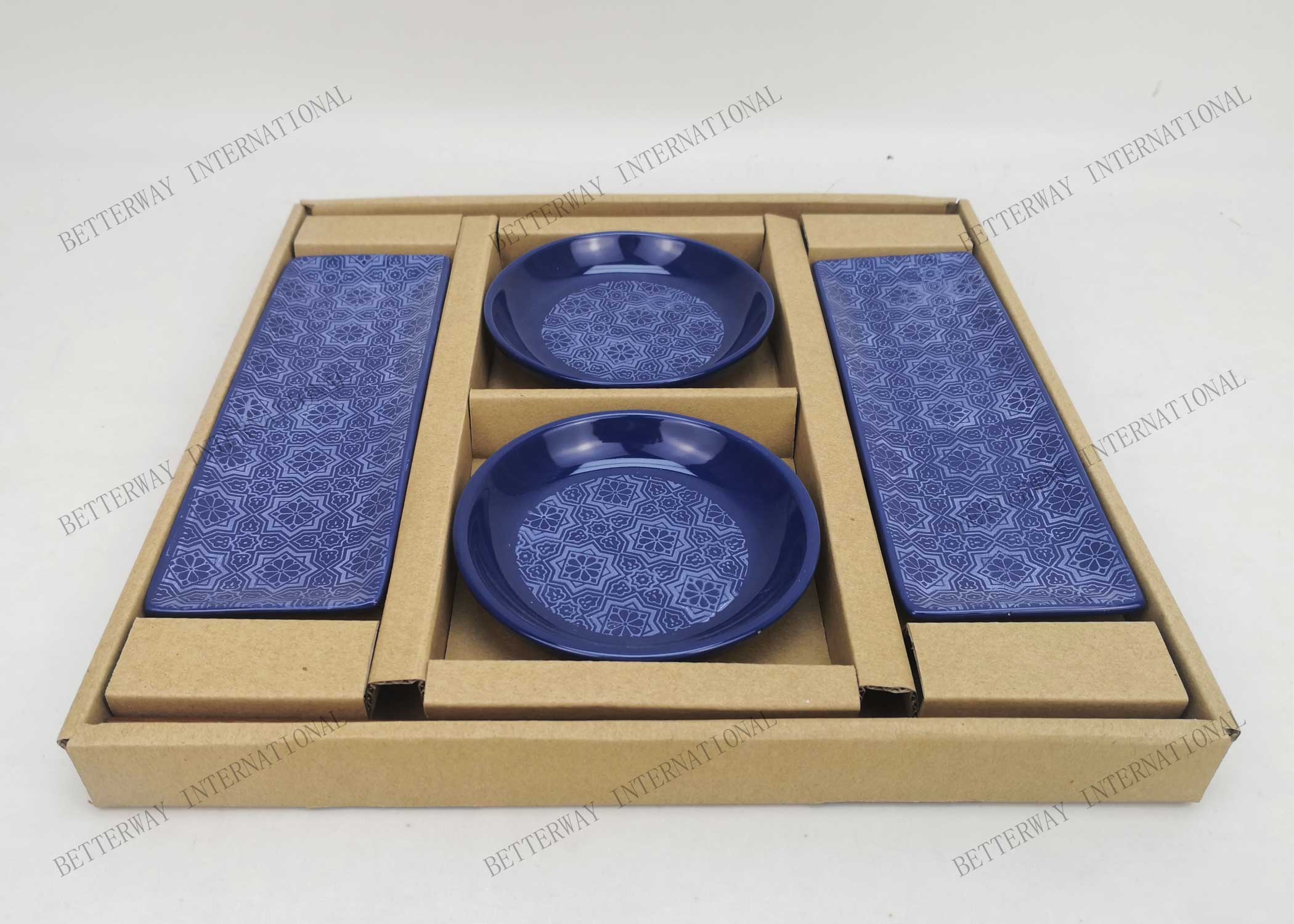 Stoneware sushi dish set reactive glaze with inglaze pattern