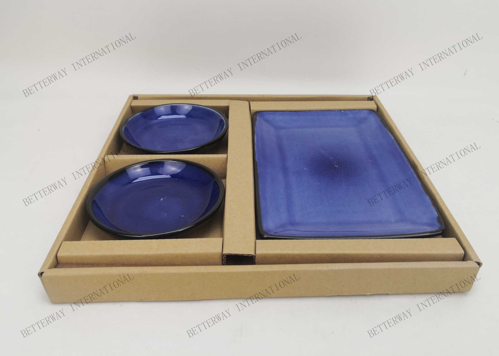 Stoneware sushi dish set reactive glaze with inglaze pattern