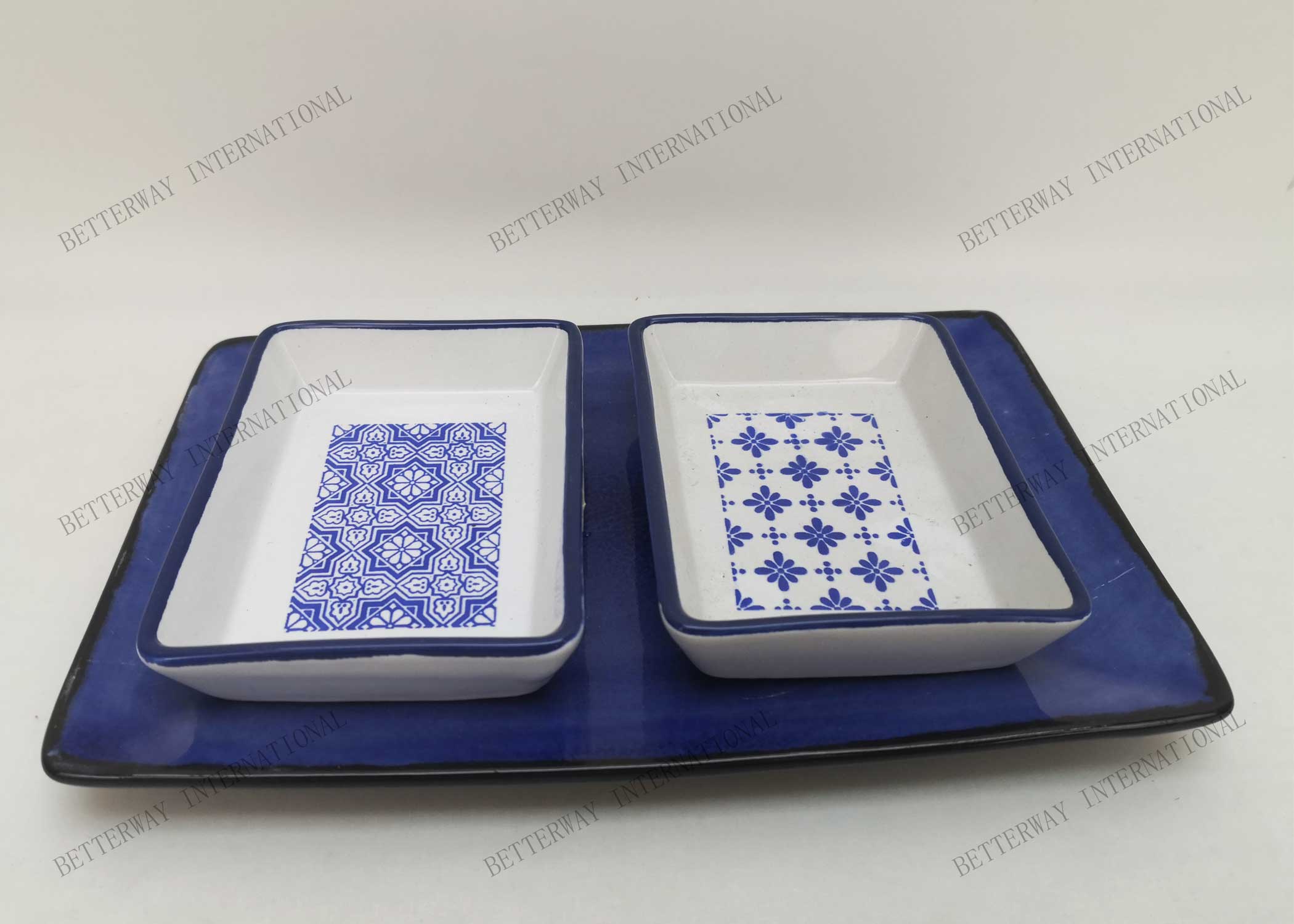 Stoneware sushi dish set reactive glaze with inglaze pattern