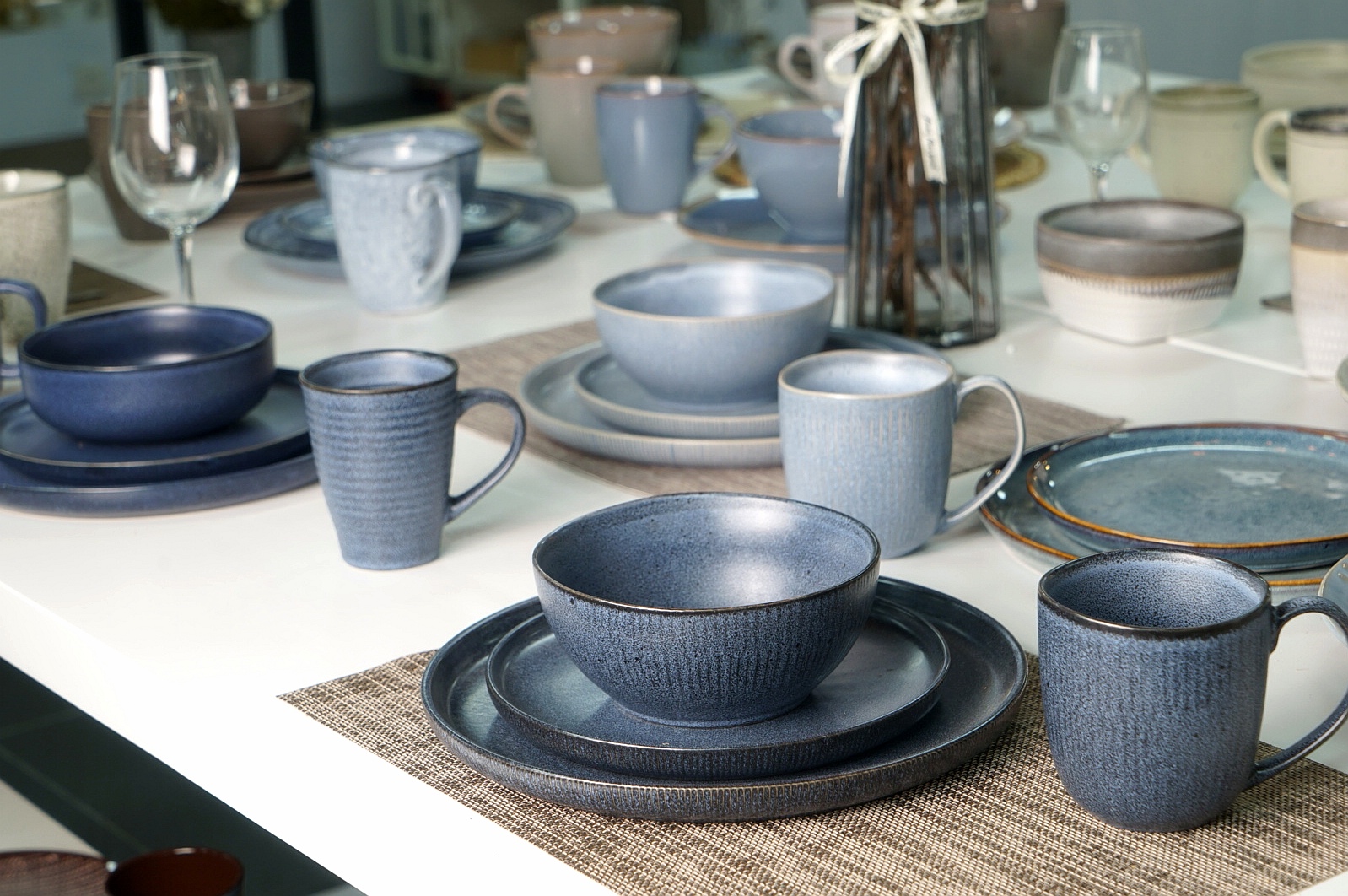 stoneware dinnerware set matte reactive glaze embossed lines