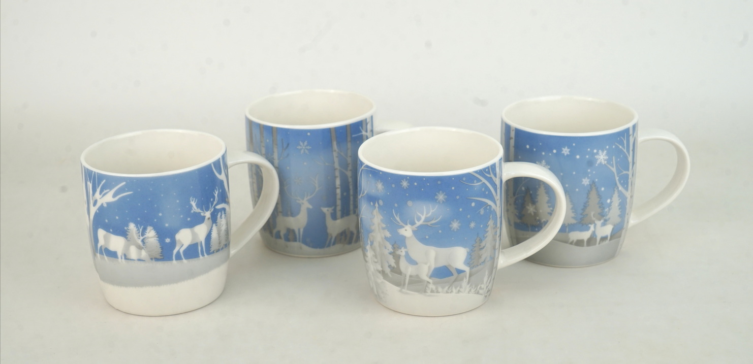 new bone china mug with blue background white deer design