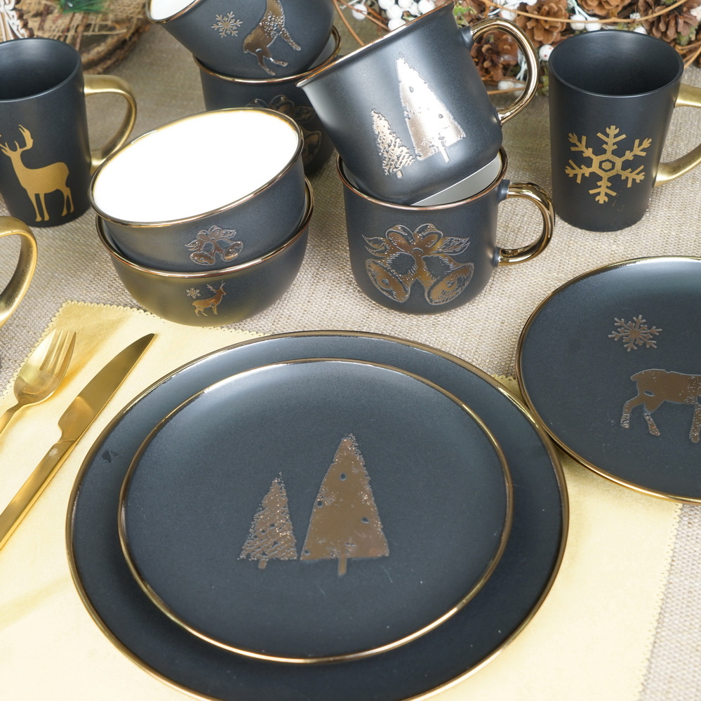 stoneware dinnerware set black color embossed with Christmas design BH657