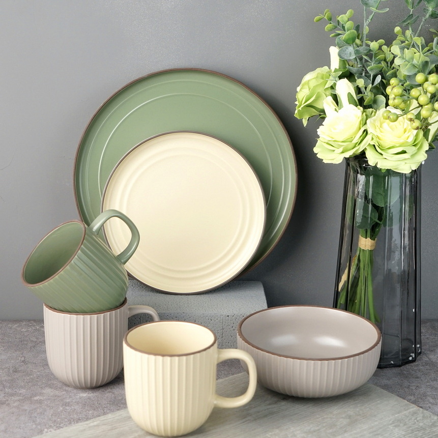 stoneware dinnerware set green cream color embossed lines LS086