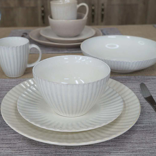 stoneware white dinnerware set embossed lines QX651