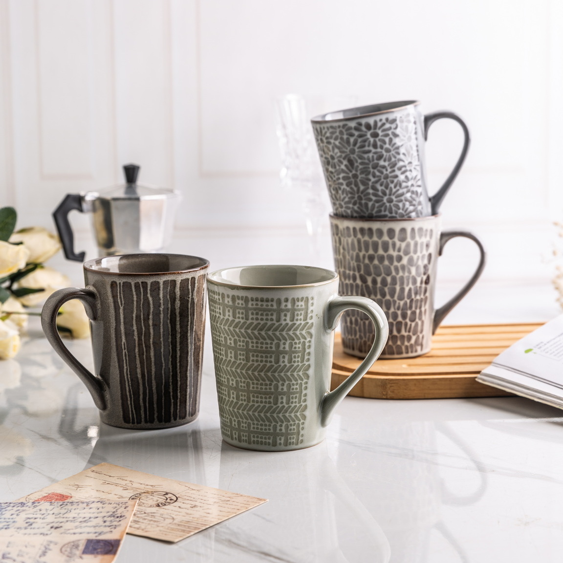 stoneware coffee mug embossed pattern