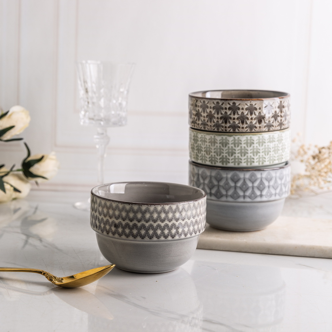 stoneware stackable bowl embossed pattern