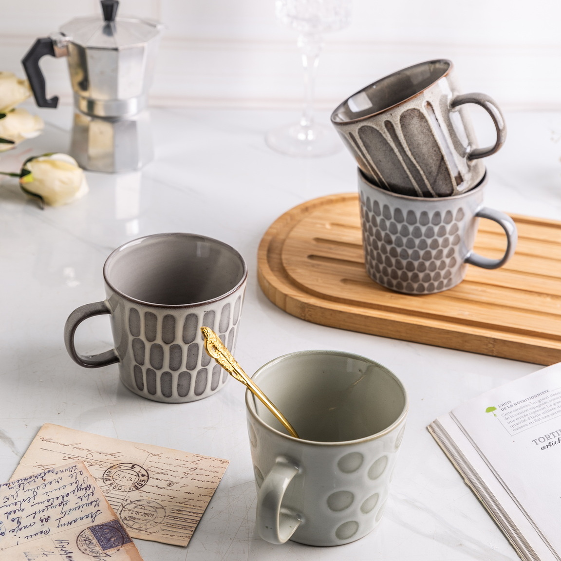 stoneware coffee mug embossed pattern