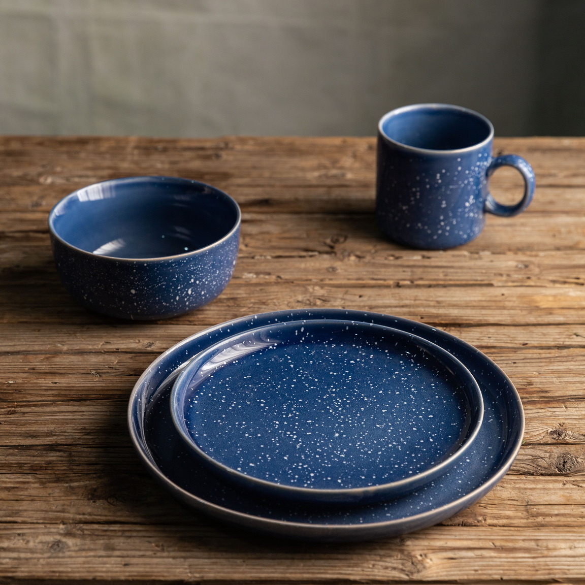 Stoneware dinnerware set blue color reactive glaze white dots