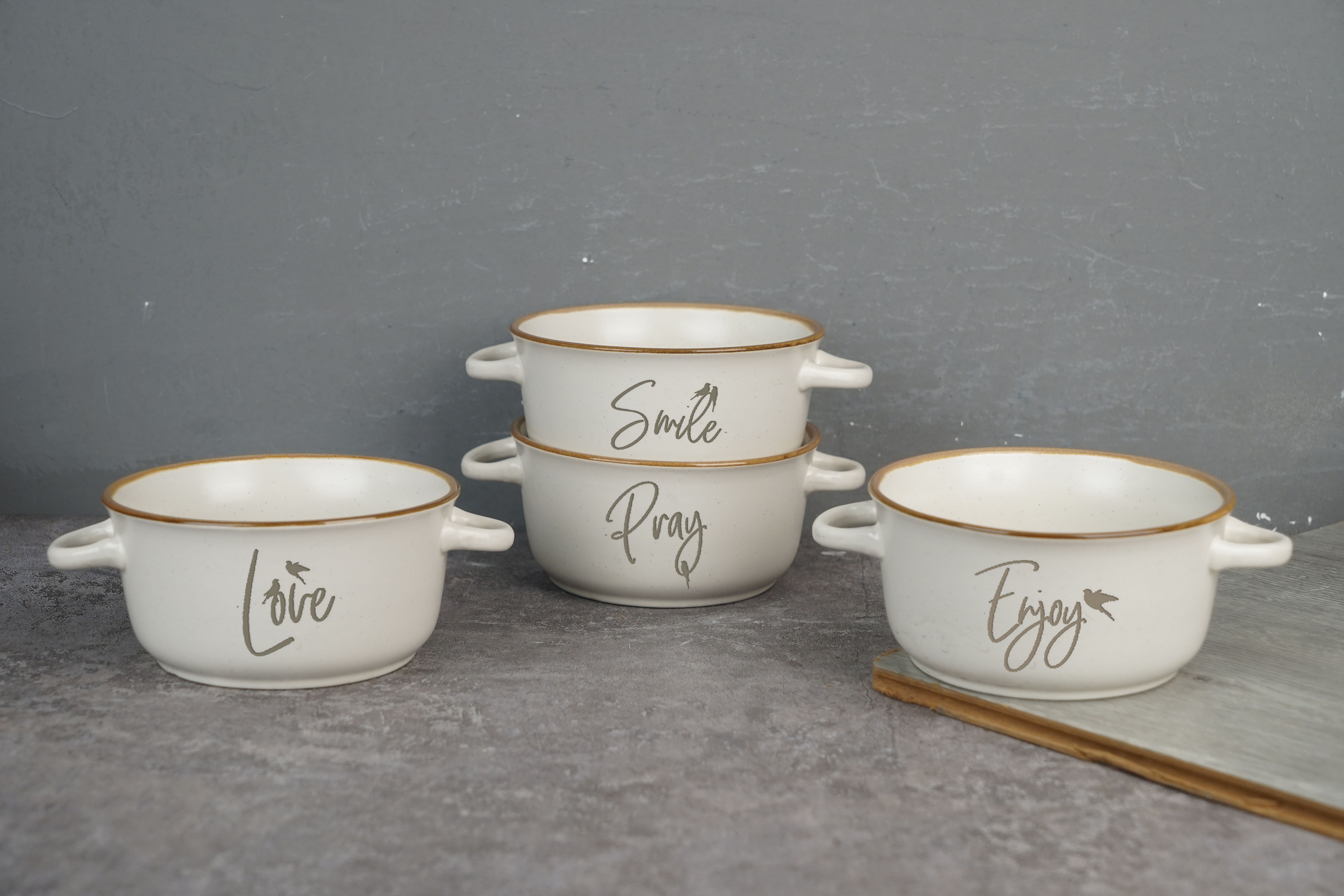 new bone china double ear soup bowl printing with words HS0036