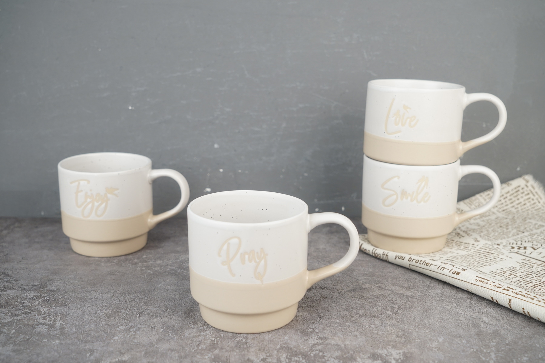 stoneware stackable mug embossed words LS112