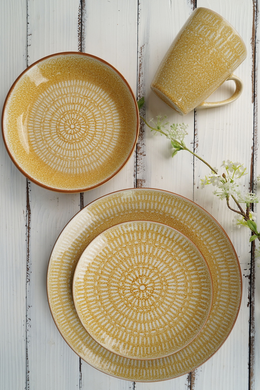 Stoneware reactive glaze with print dinnerware set QX694