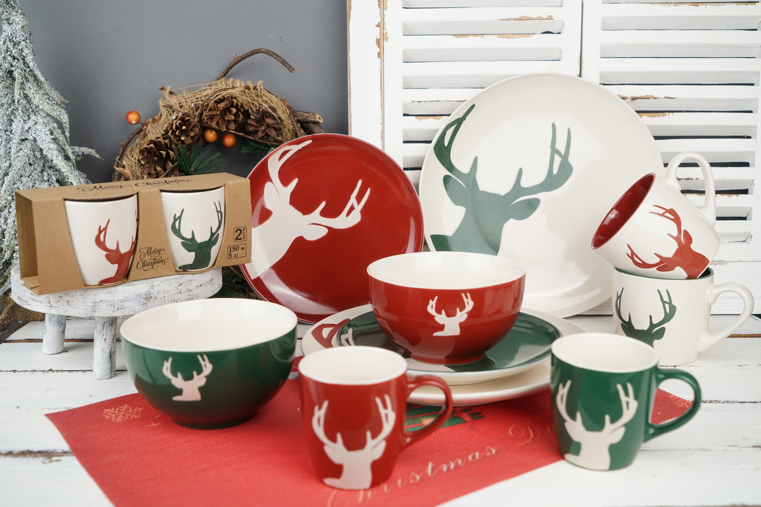 stoneware dinnerware set engraved Christmas deer BH885