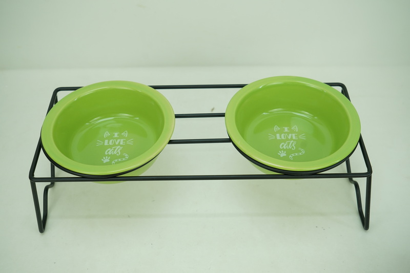 2x stoneware 350ml pet bowl with iron holder PE9044